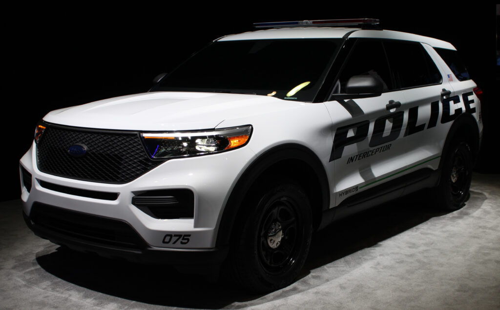 2020 Ford Police Interceptor Utility Hybrid on display at the 2019 New York International Auto Show, a historical model.
