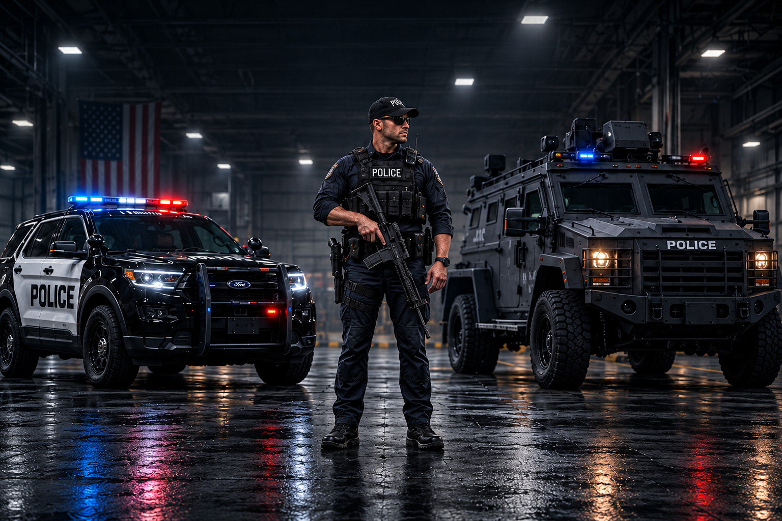 Illustrative tactical loadout scene with an officer between a patrol SUV and armored rescue vehicle